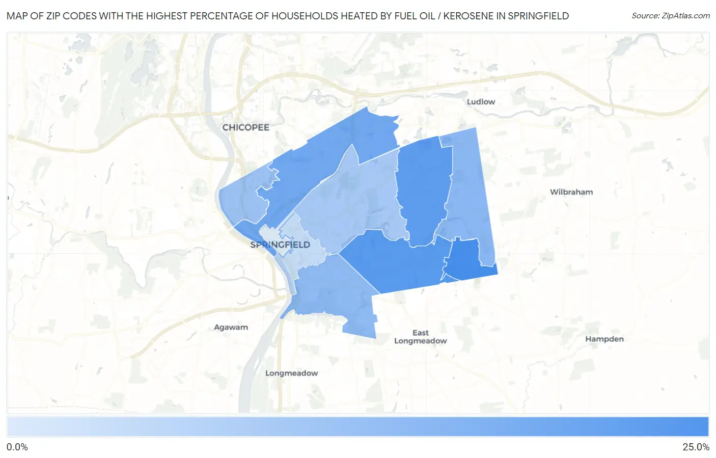 Zip Codes with the Highest Percentage of Households Heated by Fuel Oil / Kerosene in Springfield Map