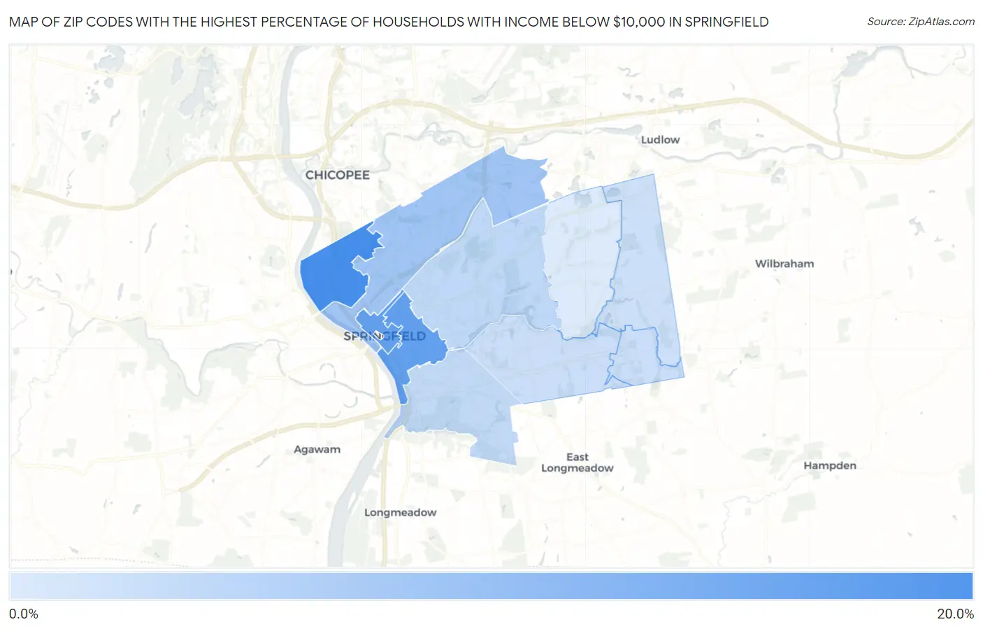 Zip Codes with the Highest Percentage of Households with Income Below $10,000 in Springfield Map