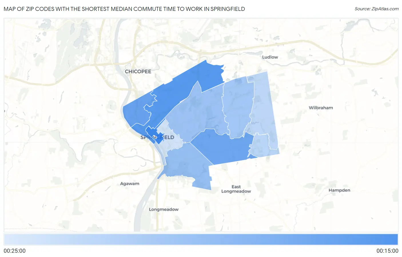 Zip Codes with the Shortest Median Commute Time to Work in Springfield Map