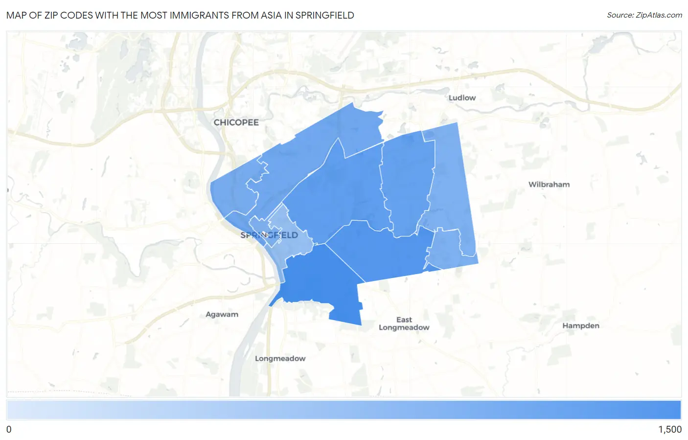 Zip Codes with the Most Immigrants from Asia in Springfield Map