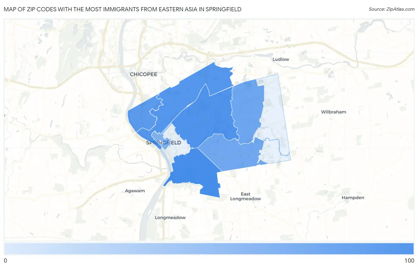 Zip Codes with the Most Immigrants from Eastern Asia in Springfield Map