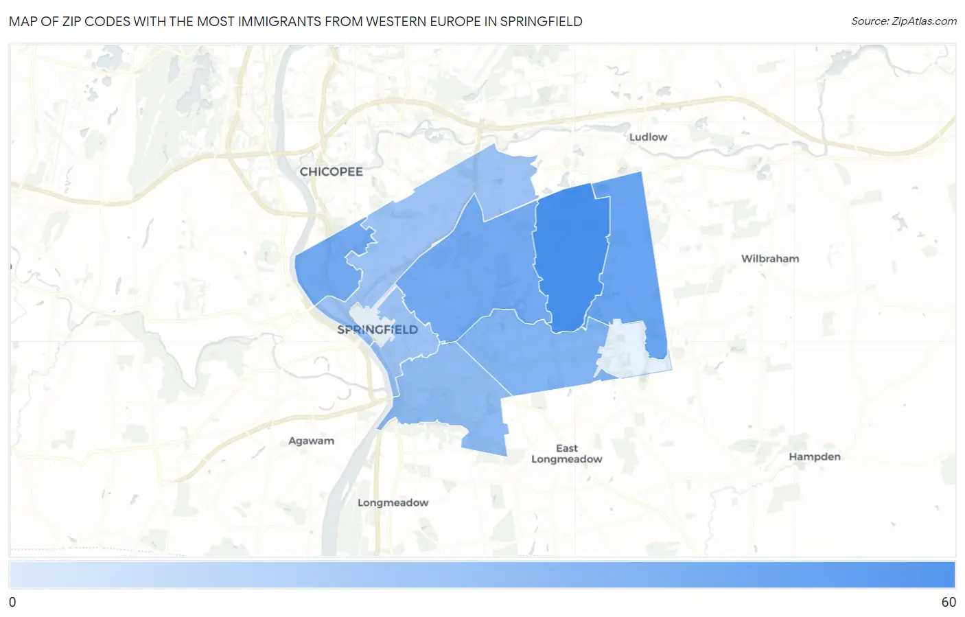 Zip Codes with the Most Immigrants from Western Europe in Springfield Map