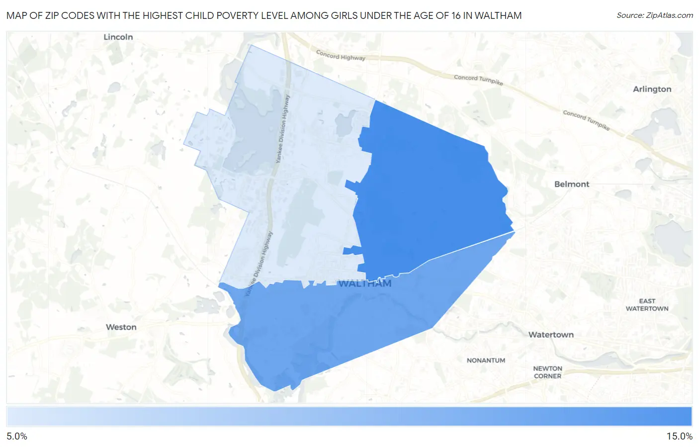 Zip Codes with the Highest Child Poverty Level Among Girls Under the Age of 16 in Waltham Map