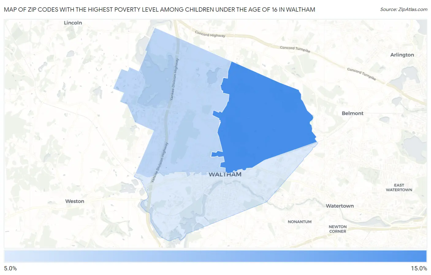 Zip Codes with the Highest Poverty Level Among Children Under the Age of 16 in Waltham Map