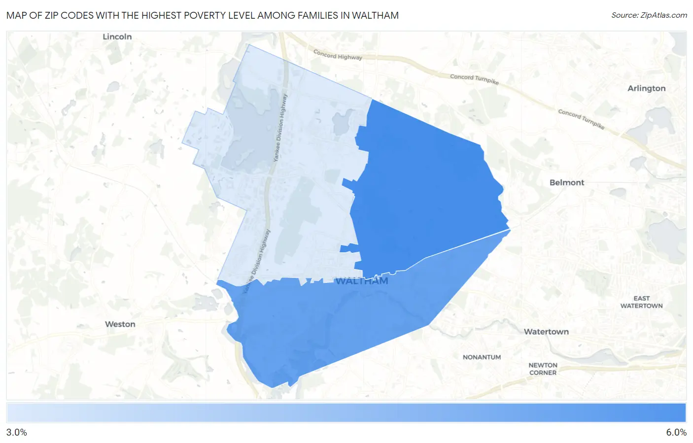 Zip Codes with the Highest Poverty Level Among Families in Waltham Map