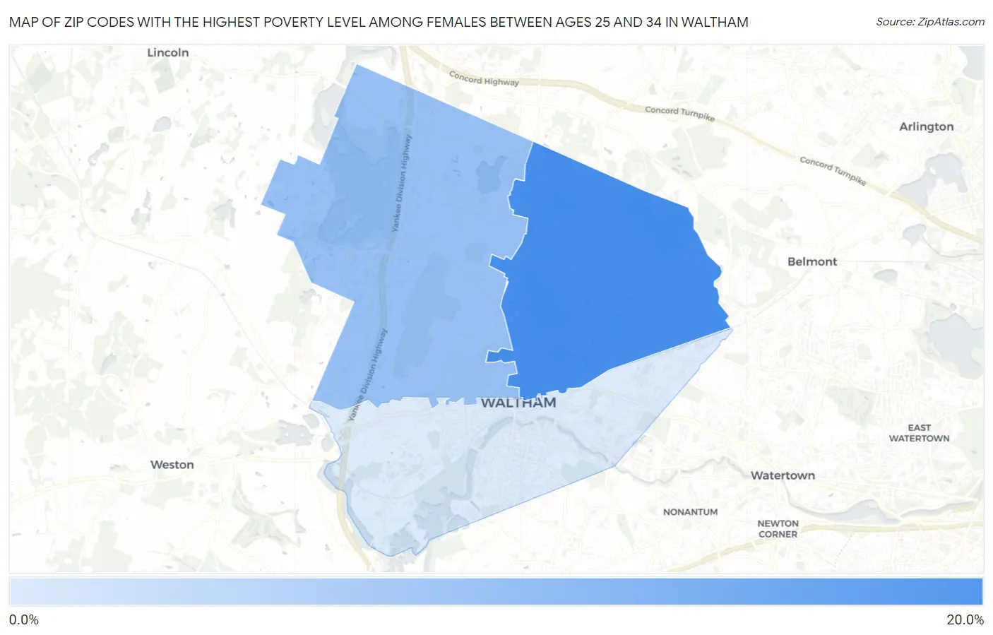 Zip Codes with the Highest Poverty Level Among Females Between Ages 25 and 34 in Waltham Map