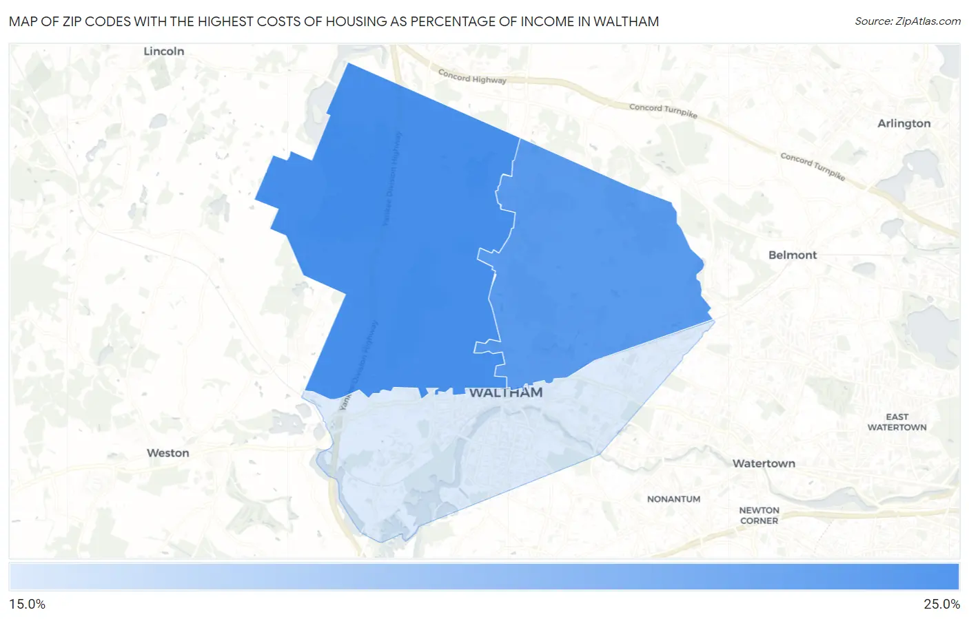Zip Codes with the Highest Costs of Housing as Percentage of Income in Waltham Map