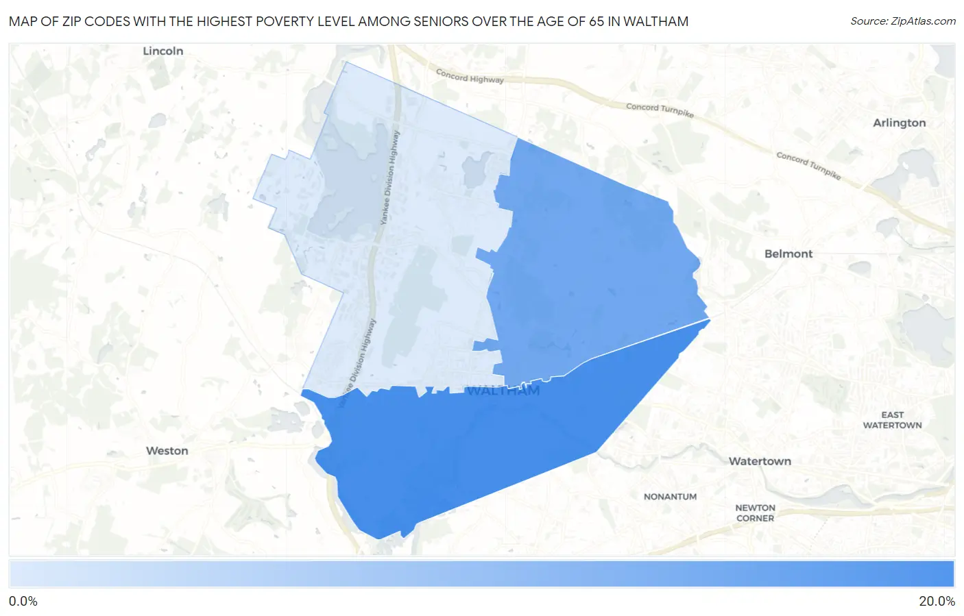 Zip Codes with the Highest Poverty Level Among Seniors Over the Age of 65 in Waltham Map