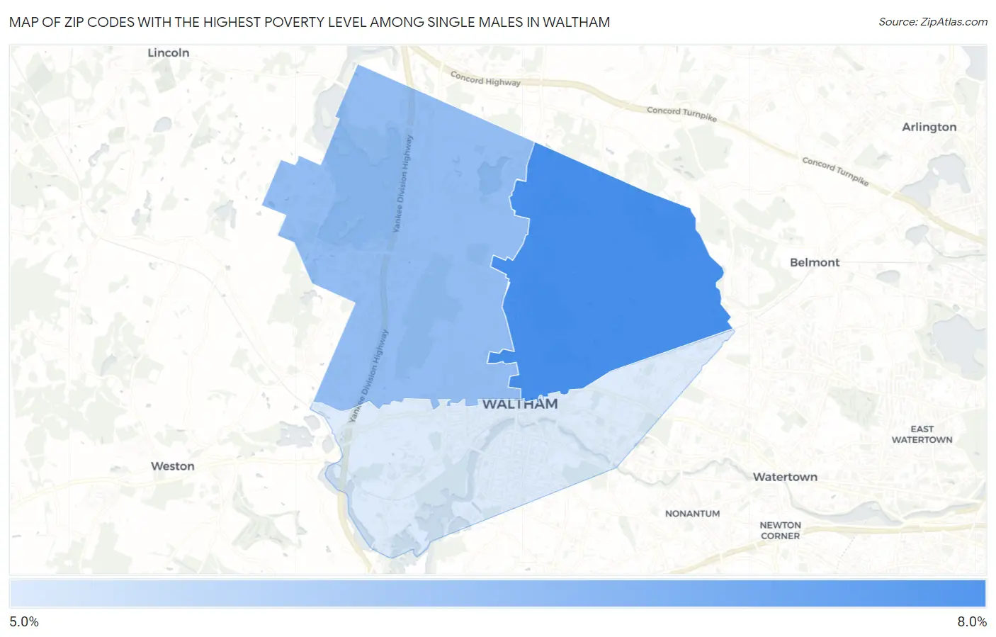 Zip Codes with the Highest Poverty Level Among Single Males in Waltham Map