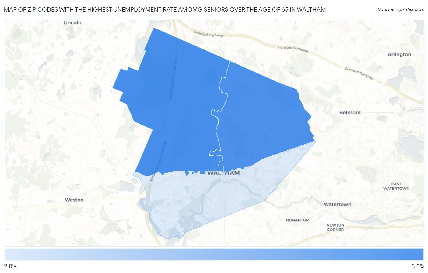 Zip Codes with the Highest Unemployment Rate Amomg Seniors Over the Age of 65 in Waltham Map