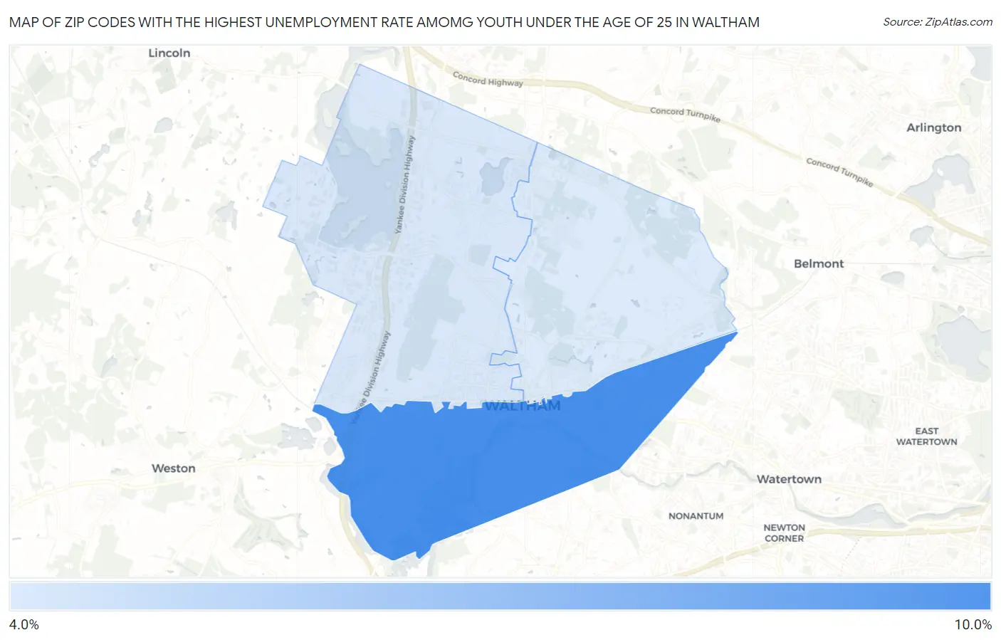 Zip Codes with the Highest Unemployment Rate Amomg Youth Under the Age of 25 in Waltham Map
