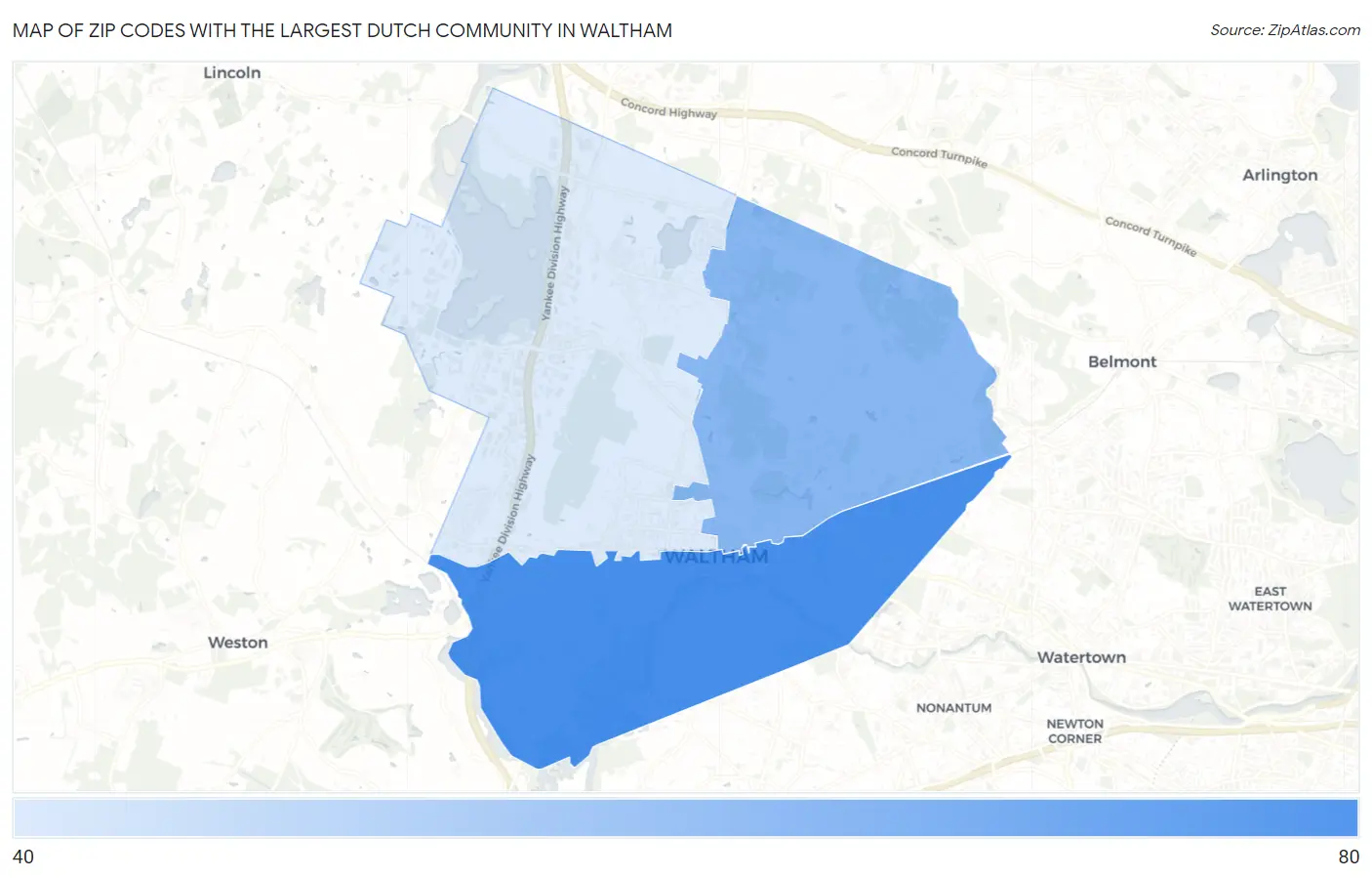 Zip Codes with the Largest Dutch Community in Waltham Map