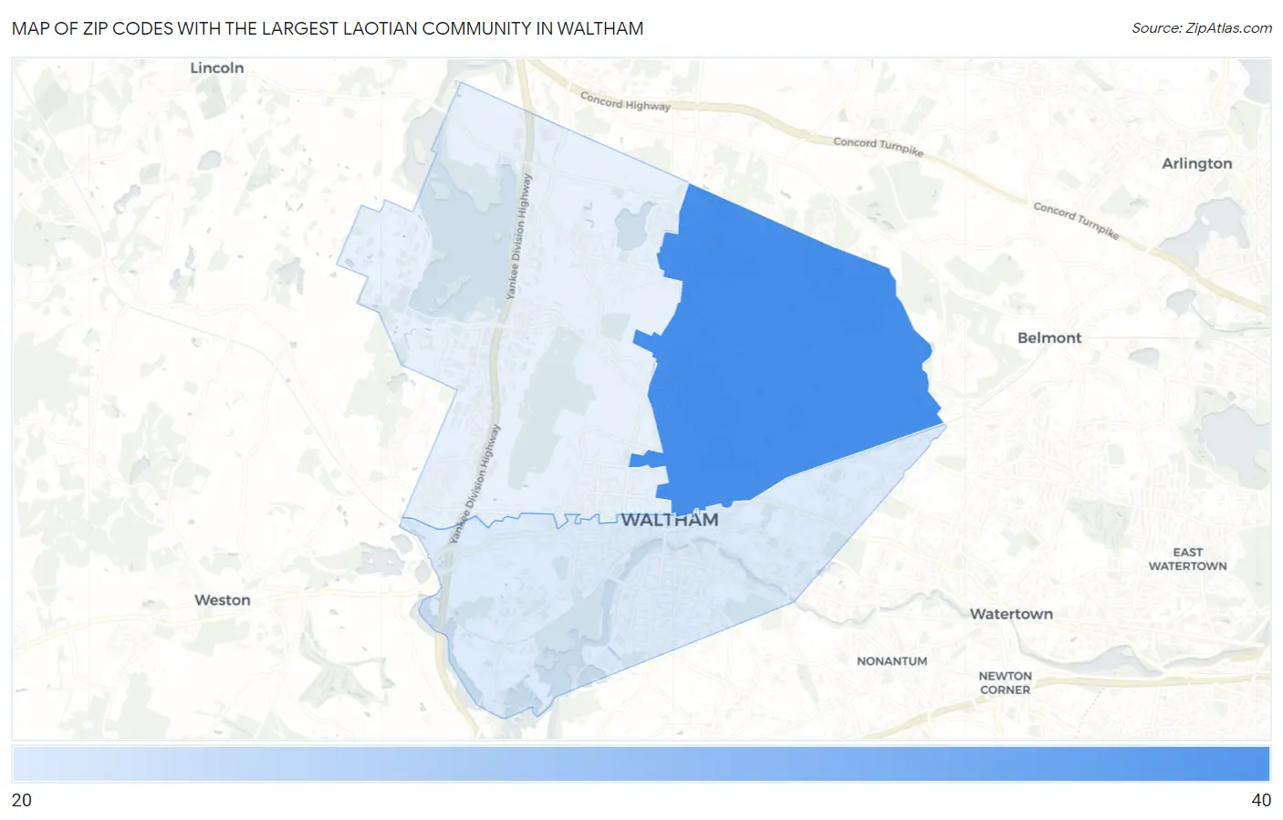 Zip Codes with the Largest Laotian Community in Waltham Map