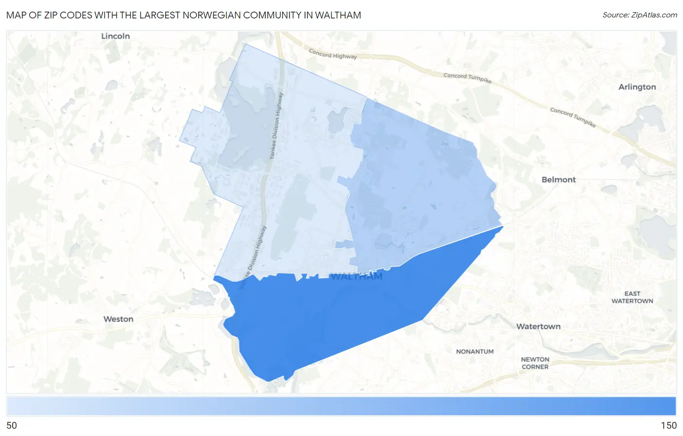 Zip Codes with the Largest Norwegian Community in Waltham Map