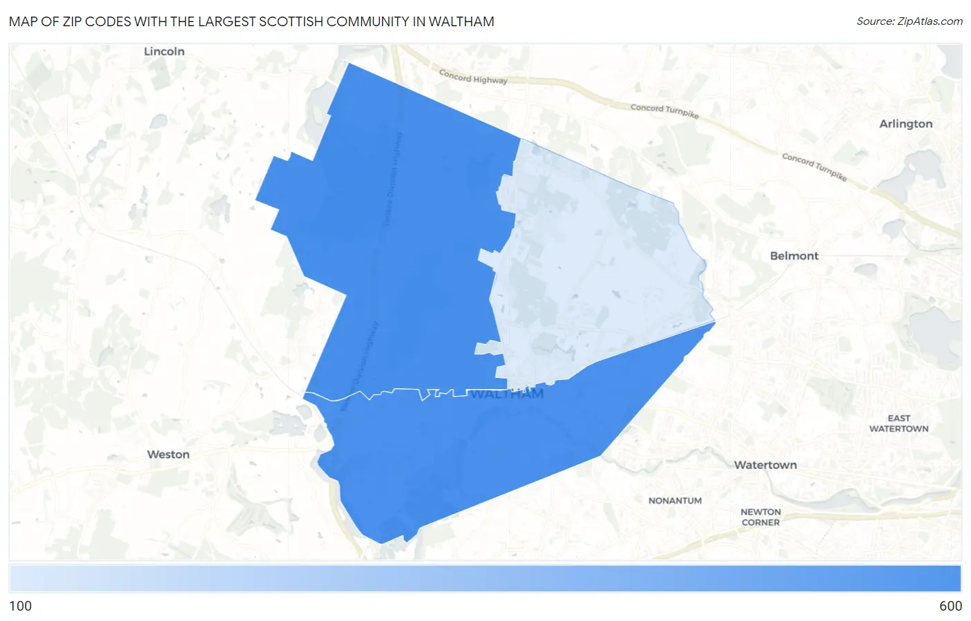 Zip Codes with the Largest Scottish Community in Waltham Map