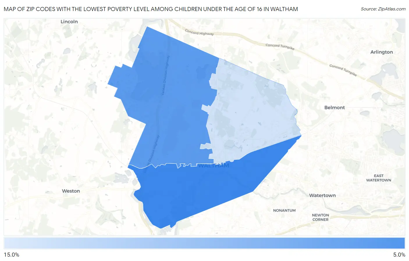 Zip Codes with the Lowest Poverty Level Among Children Under the Age of 16 in Waltham Map