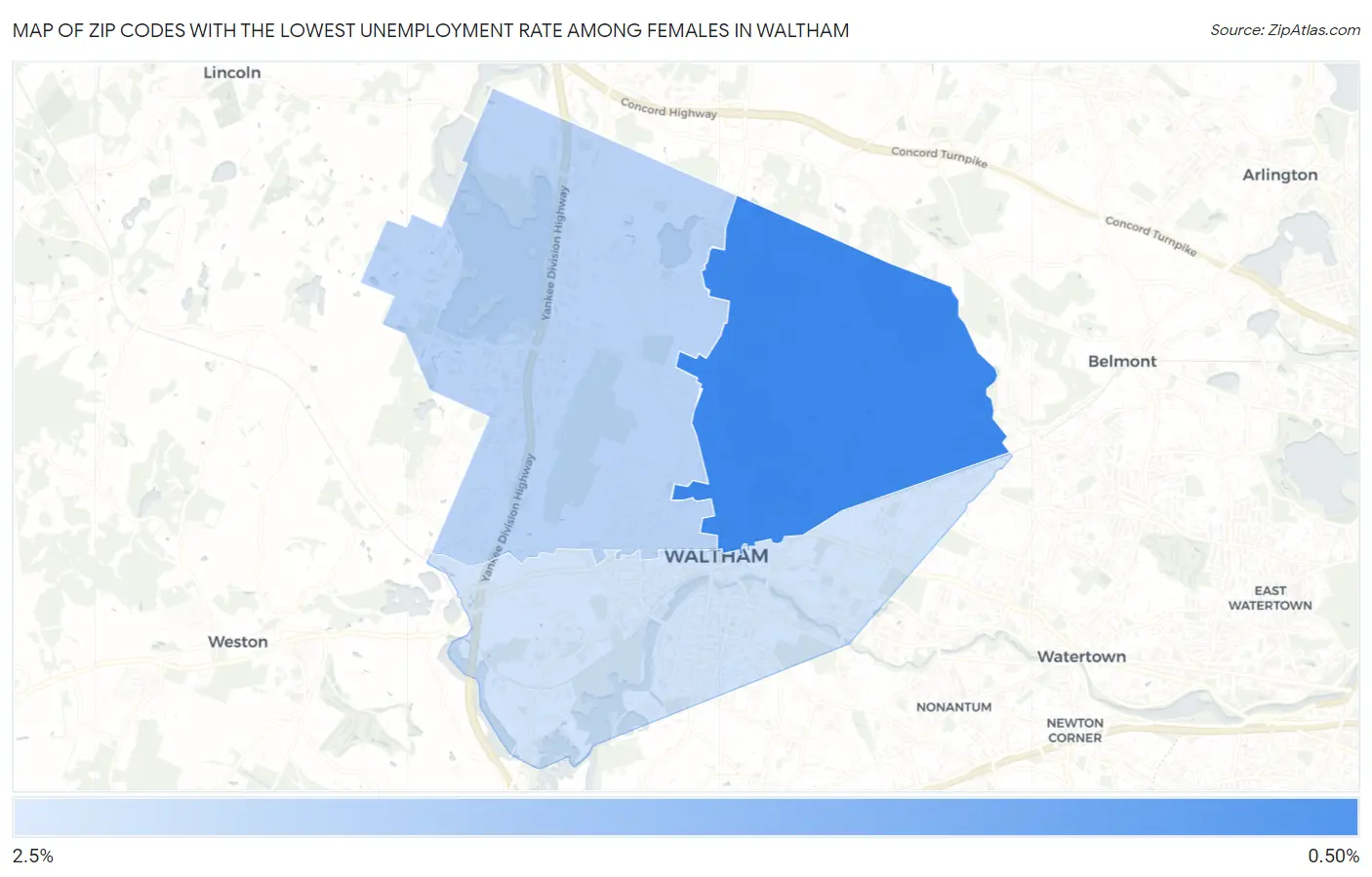 Zip Codes with the Lowest Unemployment Rate Among Females in Waltham Map