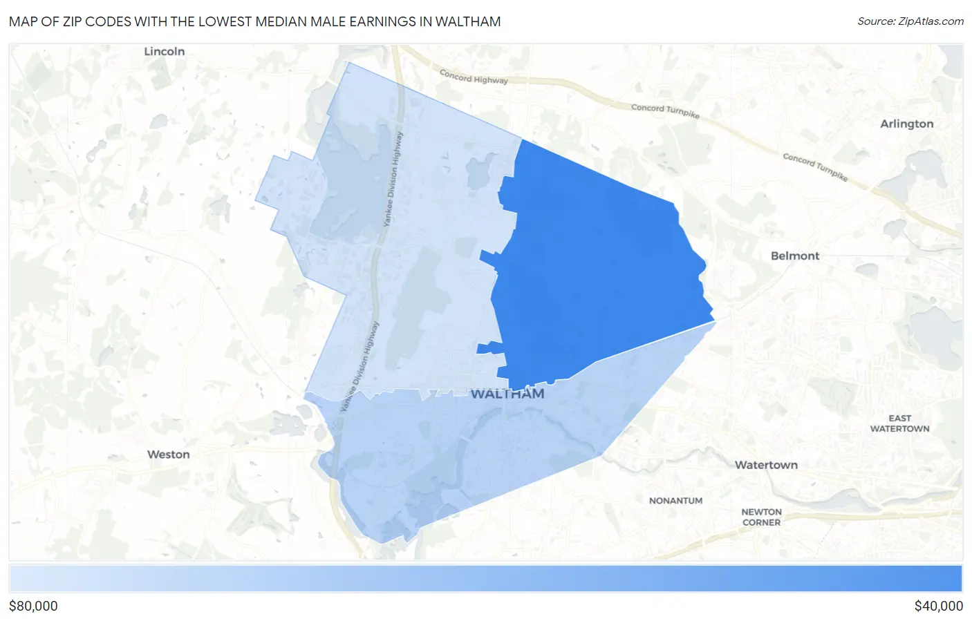 Zip Codes with the Lowest Median Male Earnings in Waltham Map