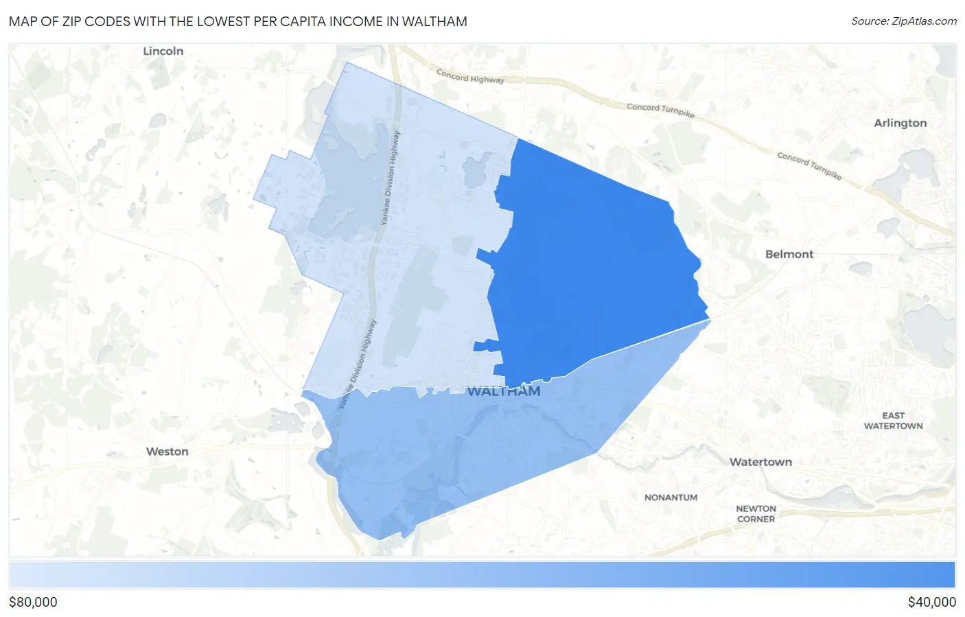Zip Codes with the Lowest Per Capita Income in Waltham Map