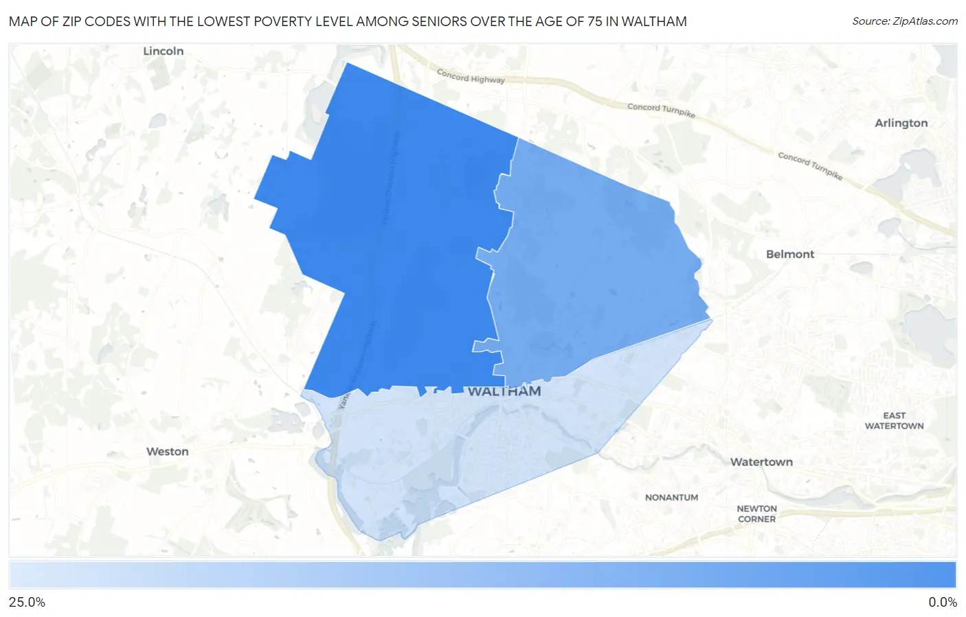 Zip Codes with the Lowest Poverty Level Among Seniors Over the Age of 75 in Waltham Map
