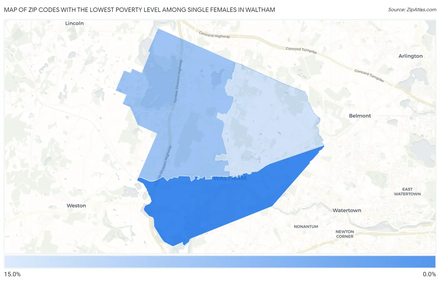 Zip Codes with the Lowest Poverty Level Among Single Females in Waltham Map