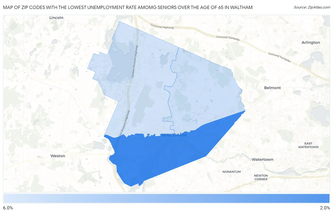 Zip Codes with the Lowest Unemployment Rate Amomg Seniors Over the Age of 65 in Waltham Map