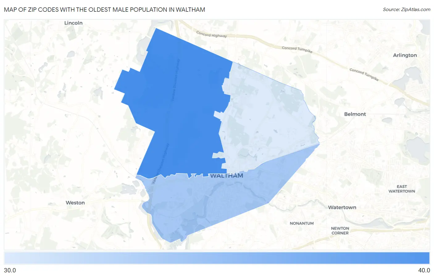 Zip Codes with the Oldest Male Population in Waltham Map