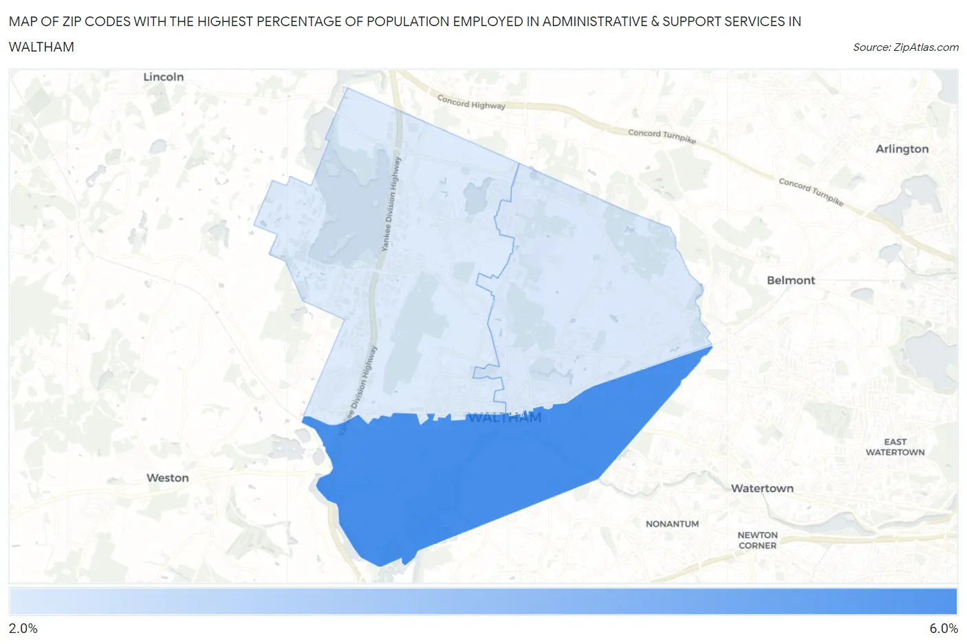 Zip Codes with the Highest Percentage of Population Employed in Administrative & Support Services in Waltham Map