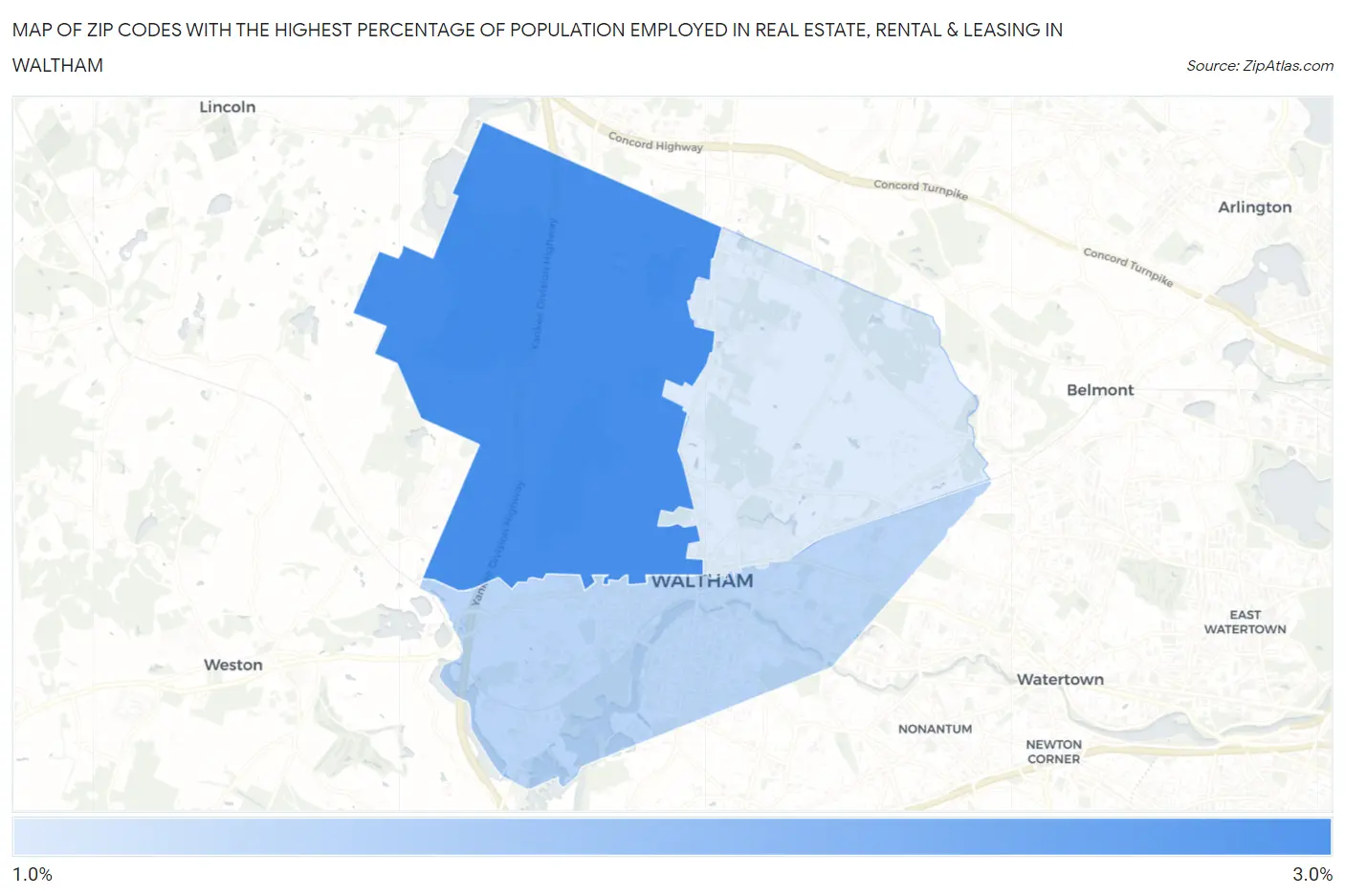 Zip Codes with the Highest Percentage of Population Employed in Real Estate, Rental & Leasing in Waltham Map