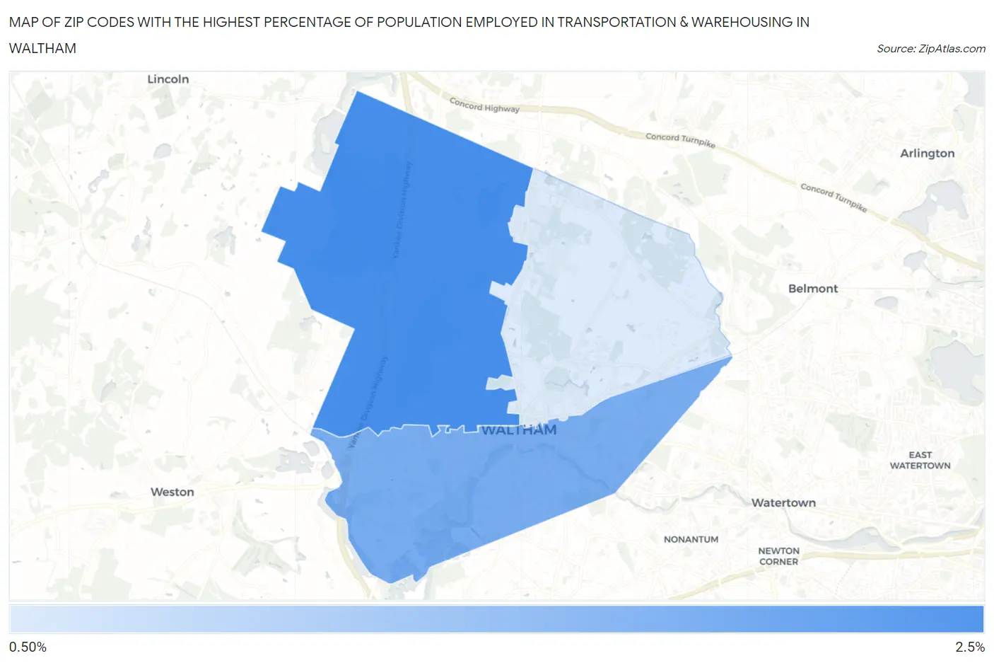 Zip Codes with the Highest Percentage of Population Employed in Transportation & Warehousing in Waltham Map
