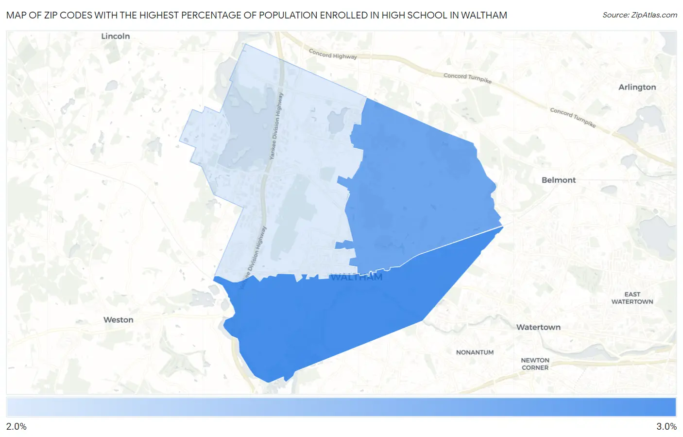 Zip Codes with the Highest Percentage of Population Enrolled in High School in Waltham Map