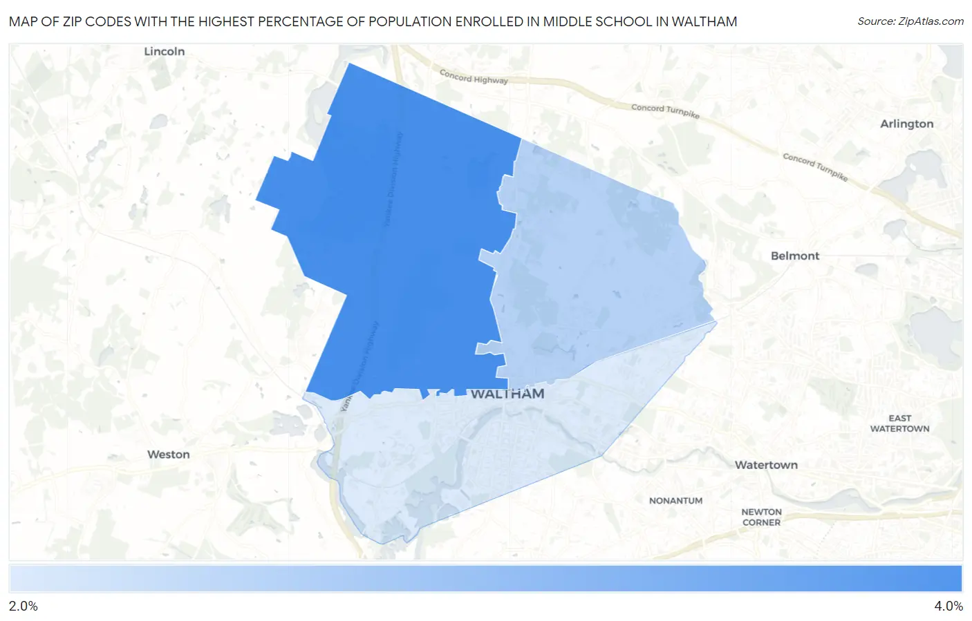 Zip Codes with the Highest Percentage of Population Enrolled in Middle School in Waltham Map