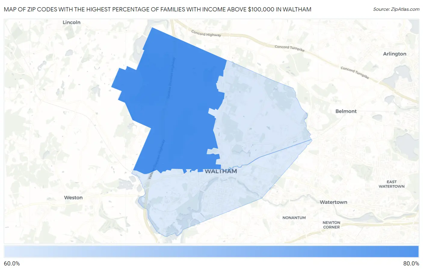 Zip Codes with the Highest Percentage of Families with Income Above $100,000 in Waltham Map