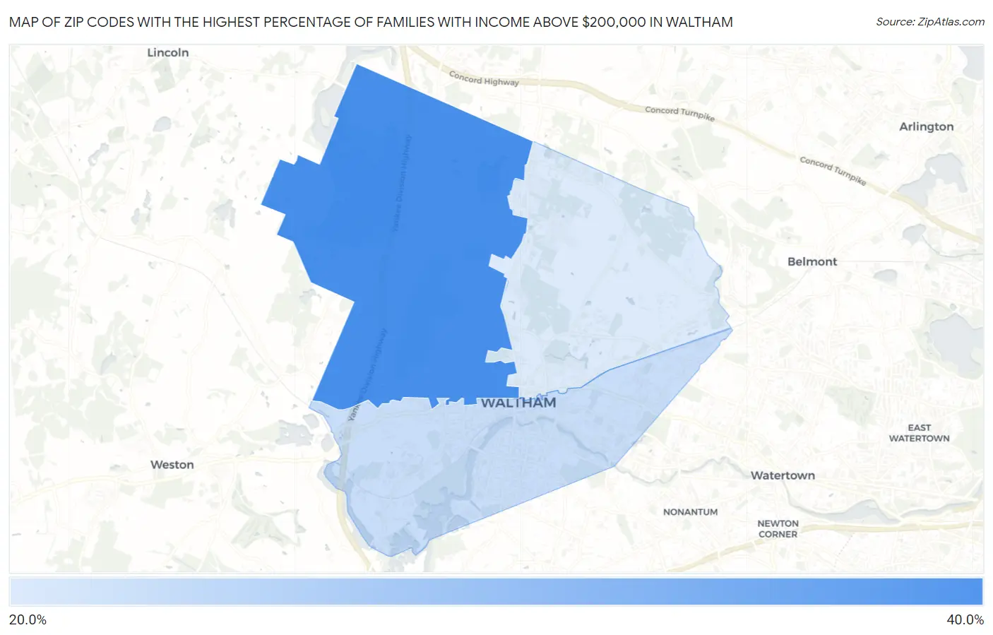 Zip Codes with the Highest Percentage of Families with Income Above $200,000 in Waltham Map