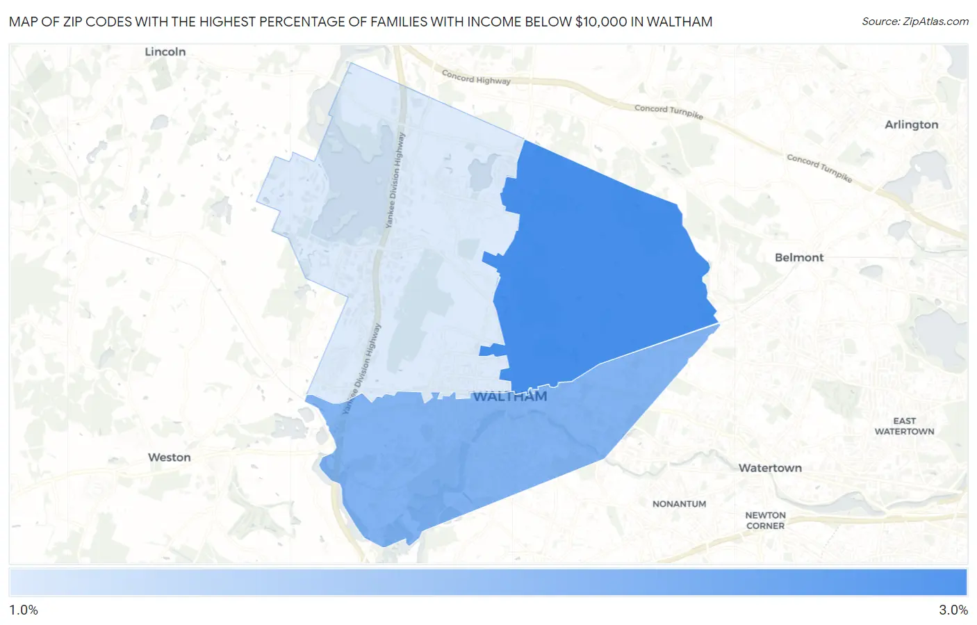 Zip Codes with the Highest Percentage of Families with Income Below $10,000 in Waltham Map