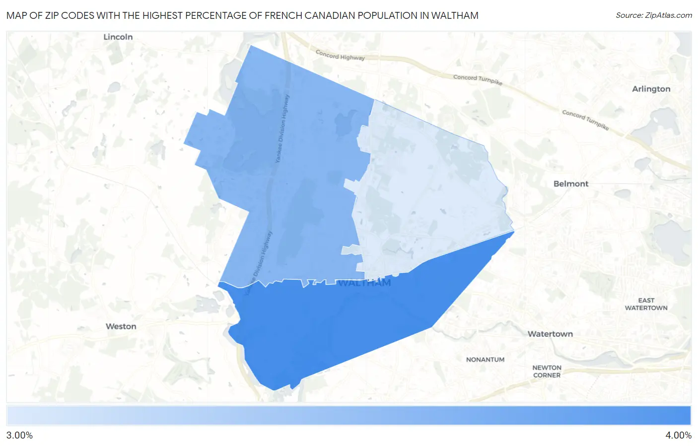 Zip Codes with the Highest Percentage of French Canadian Population in Waltham Map