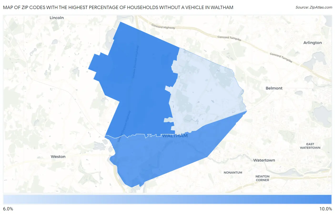 Zip Codes with the Highest Percentage of Households Without a Vehicle in Waltham Map