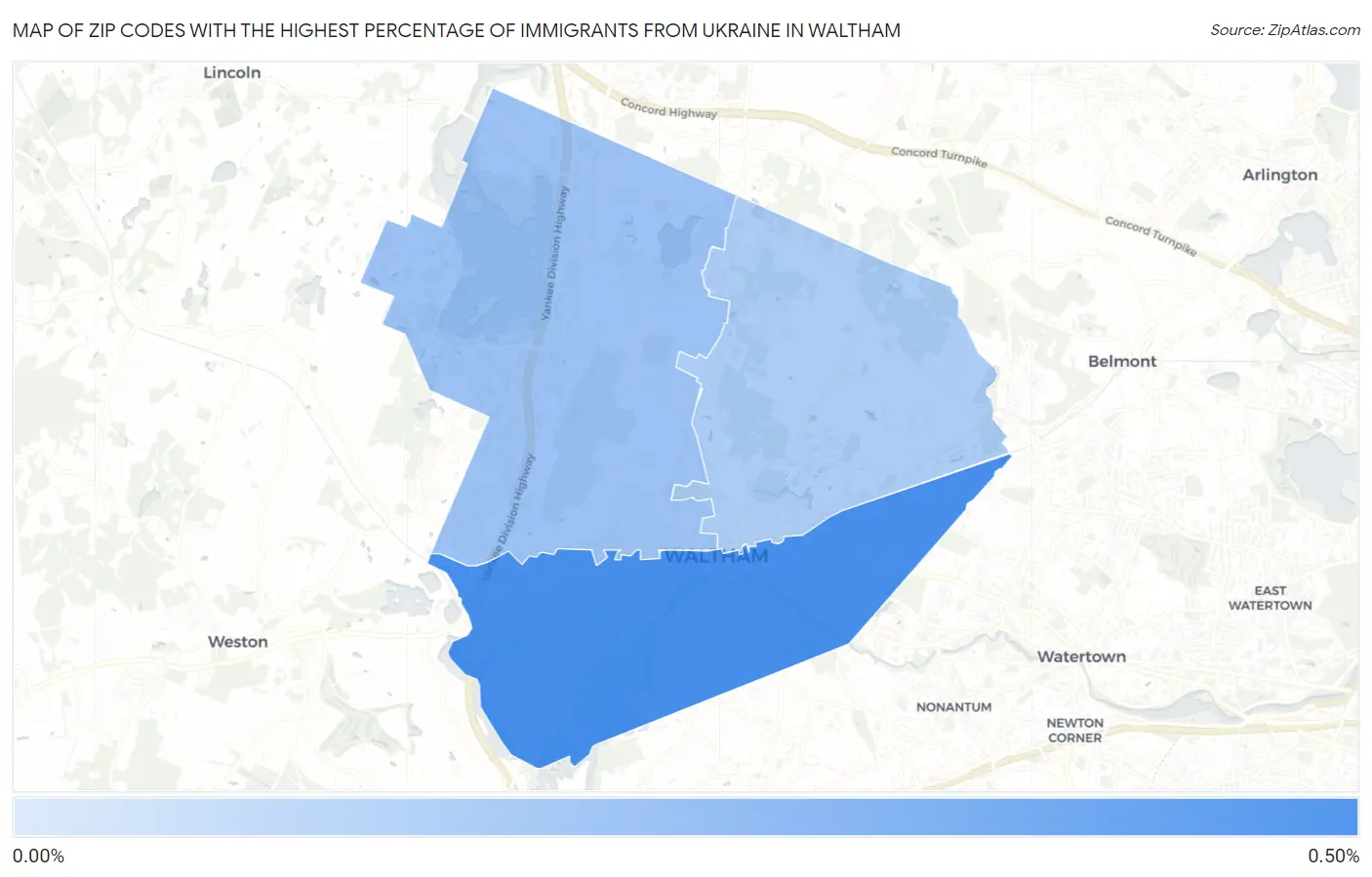 Zip Codes with the Highest Percentage of Immigrants from Ukraine in Waltham Map