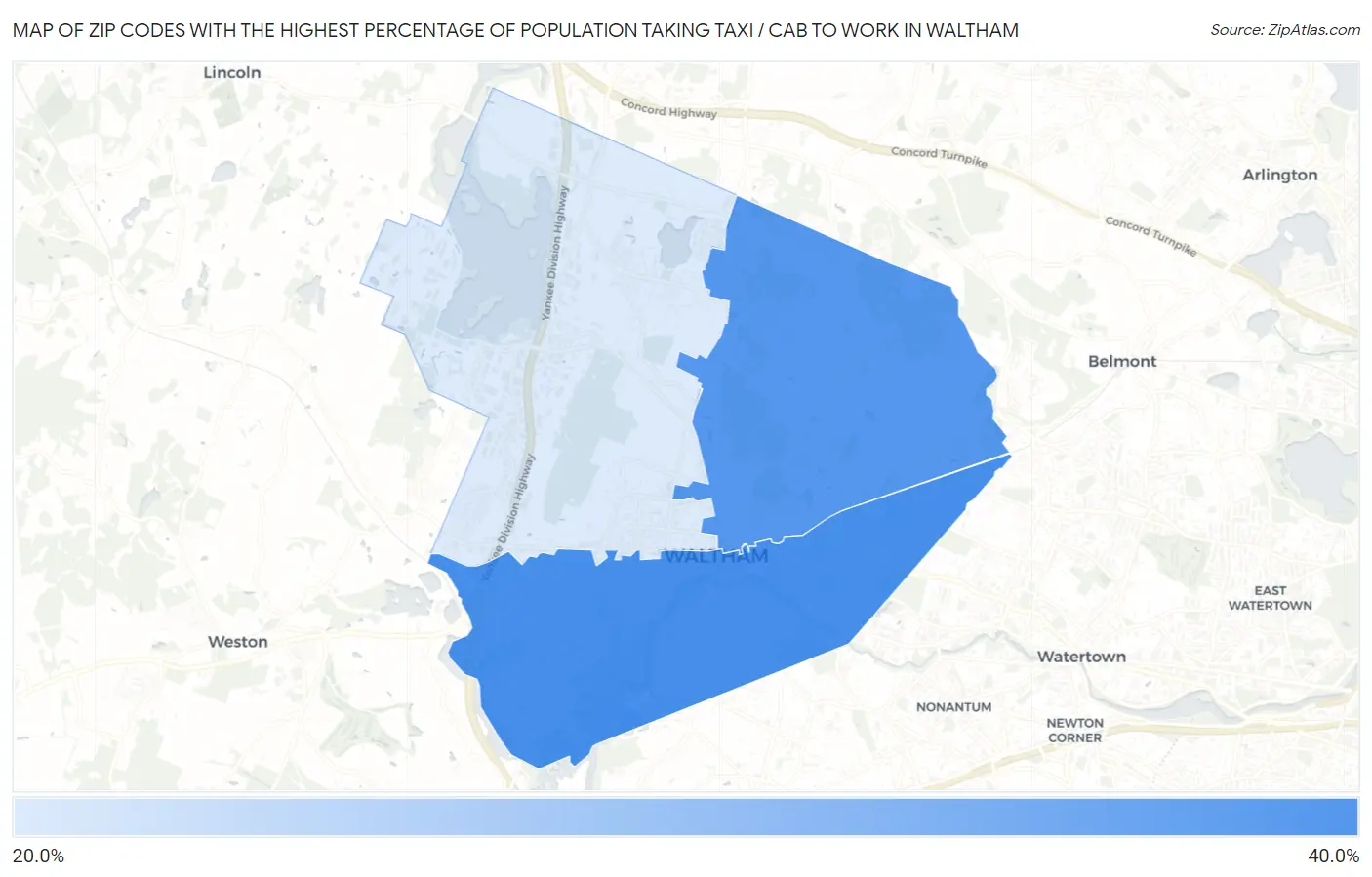 Zip Codes with the Highest Percentage of Population Taking Taxi / Cab to Work in Waltham Map