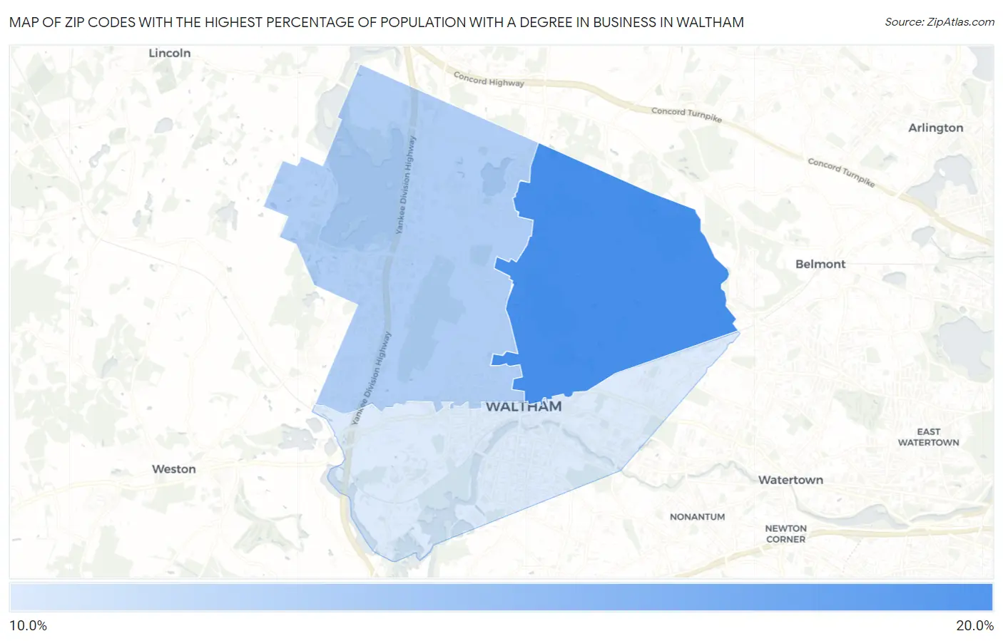 Zip Codes with the Highest Percentage of Population with a Degree in Business in Waltham Map