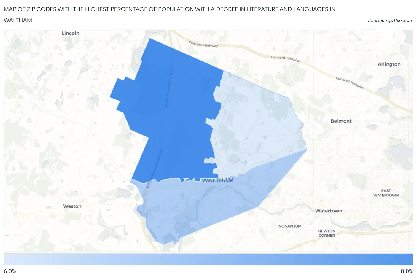 Zip Codes with the Highest Percentage of Population with a Degree in Literature and Languages in Waltham Map