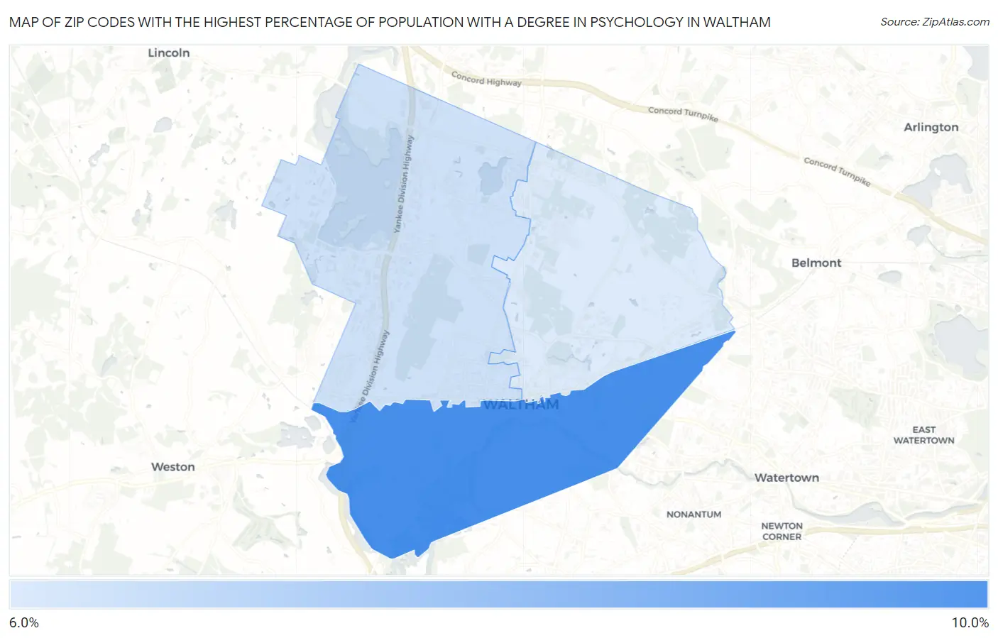 Zip Codes with the Highest Percentage of Population with a Degree in Psychology in Waltham Map