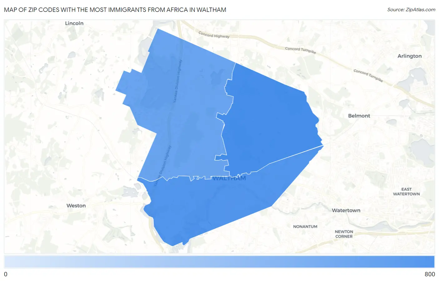 Zip Codes with the Most Immigrants from Africa in Waltham Map