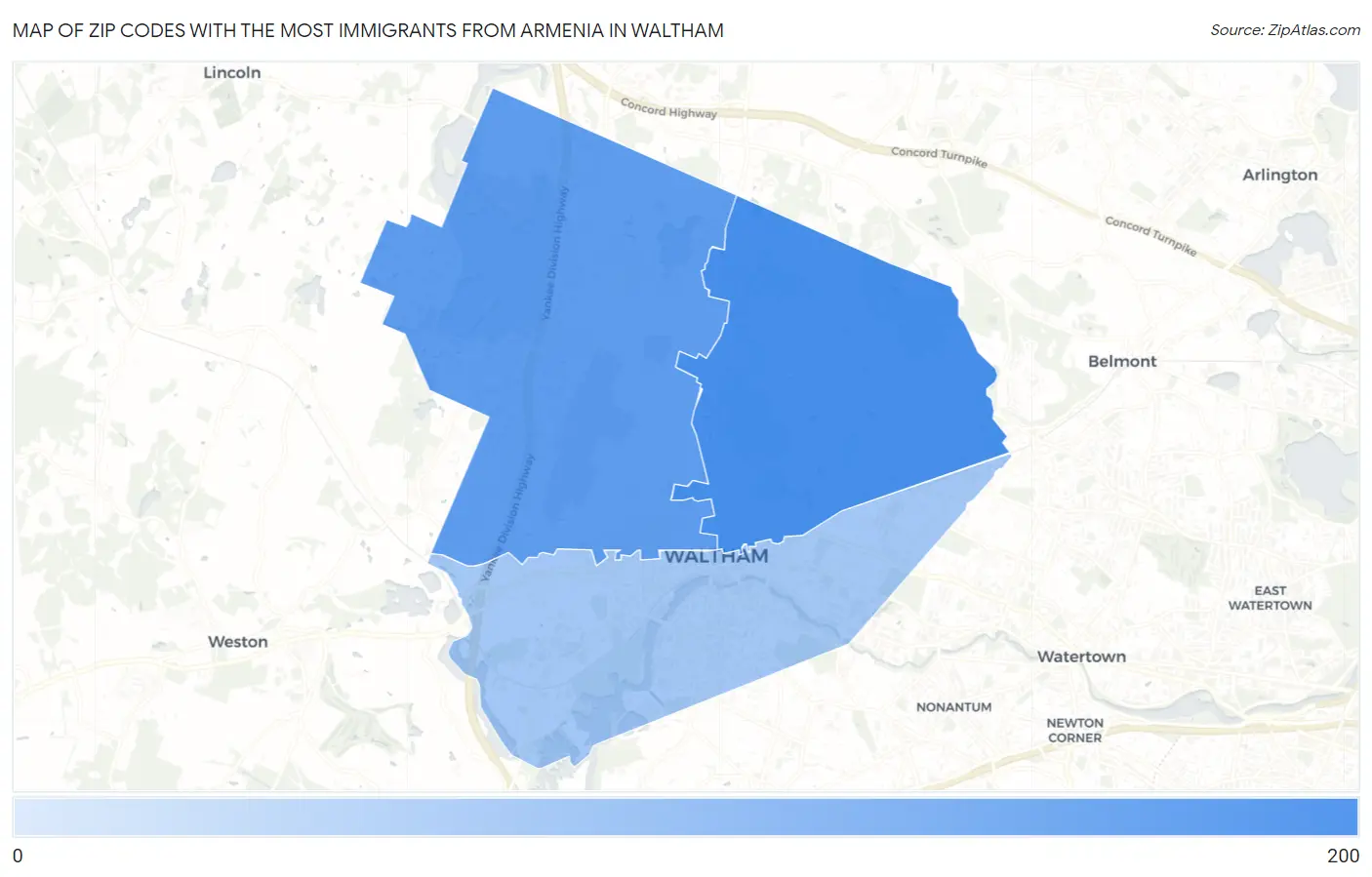 Zip Codes with the Most Immigrants from Armenia in Waltham Map