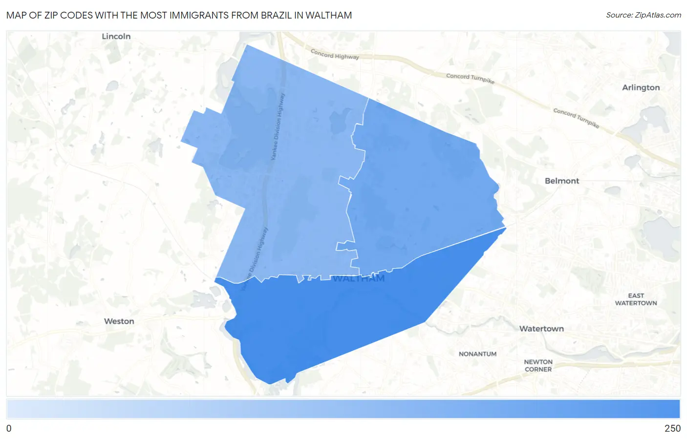 Zip Codes with the Most Immigrants from Brazil in Waltham Map