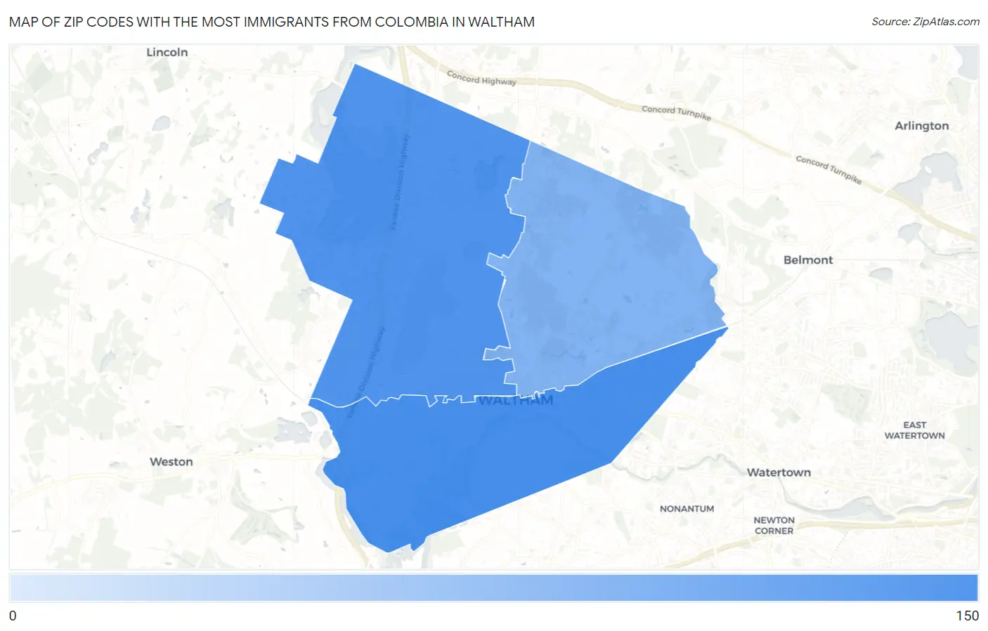 Zip Codes with the Most Immigrants from Colombia in Waltham Map