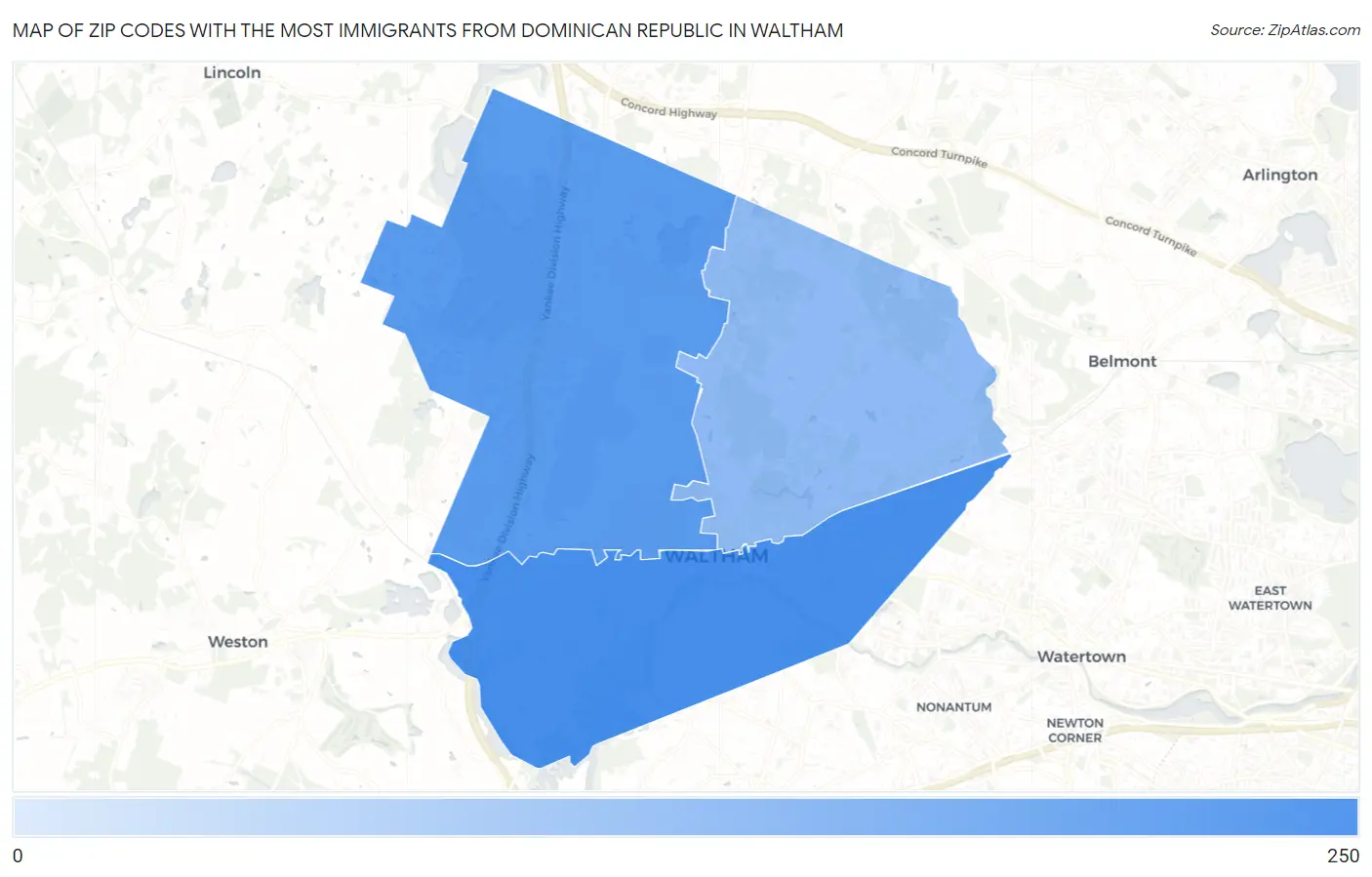Zip Codes with the Most Immigrants from Dominican Republic in Waltham Map