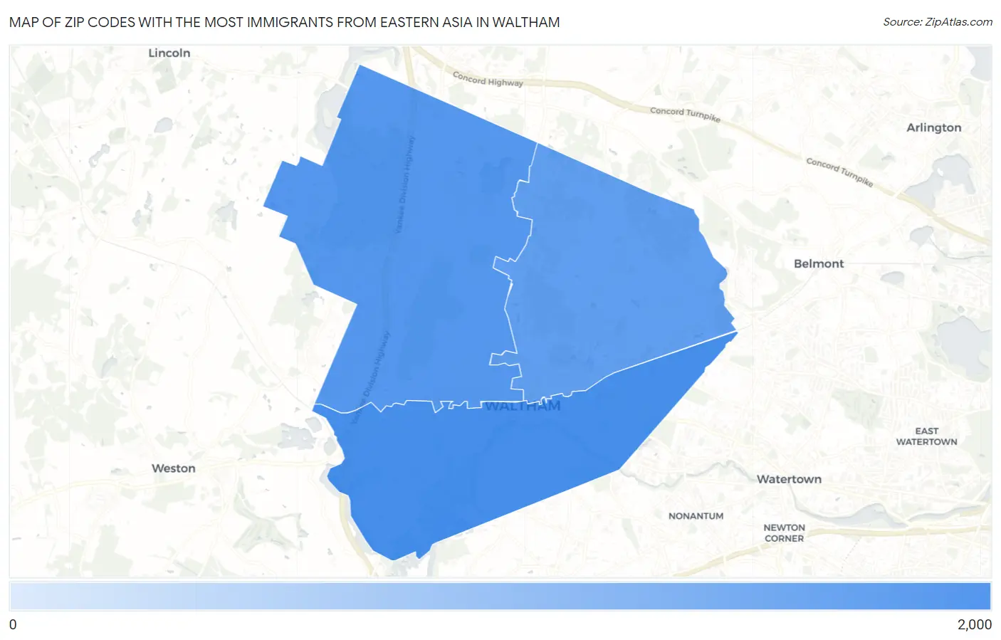Zip Codes with the Most Immigrants from Eastern Asia in Waltham Map