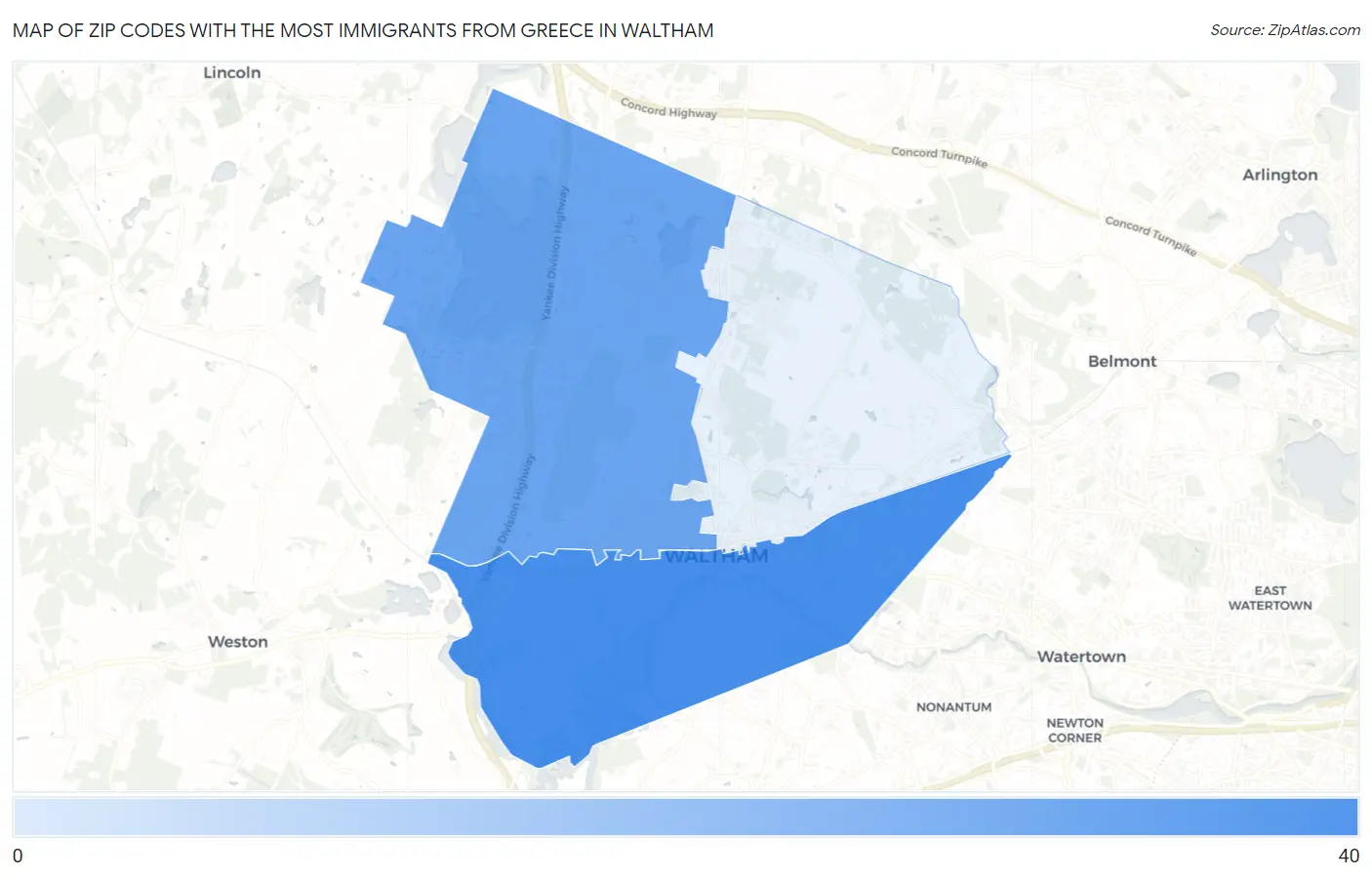 Zip Codes with the Most Immigrants from Greece in Waltham Map