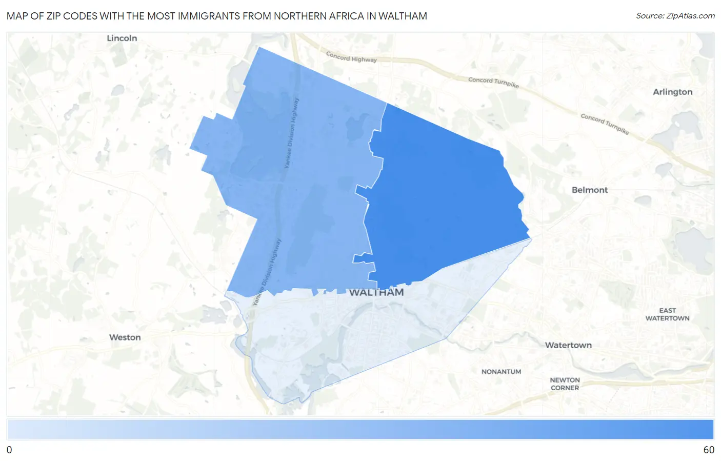 Zip Codes with the Most Immigrants from Northern Africa in Waltham Map